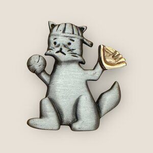Alexandra Pewter Baseball Cat Brooch Pin w/ Gold Tone Glove Mitt Signed Vintage